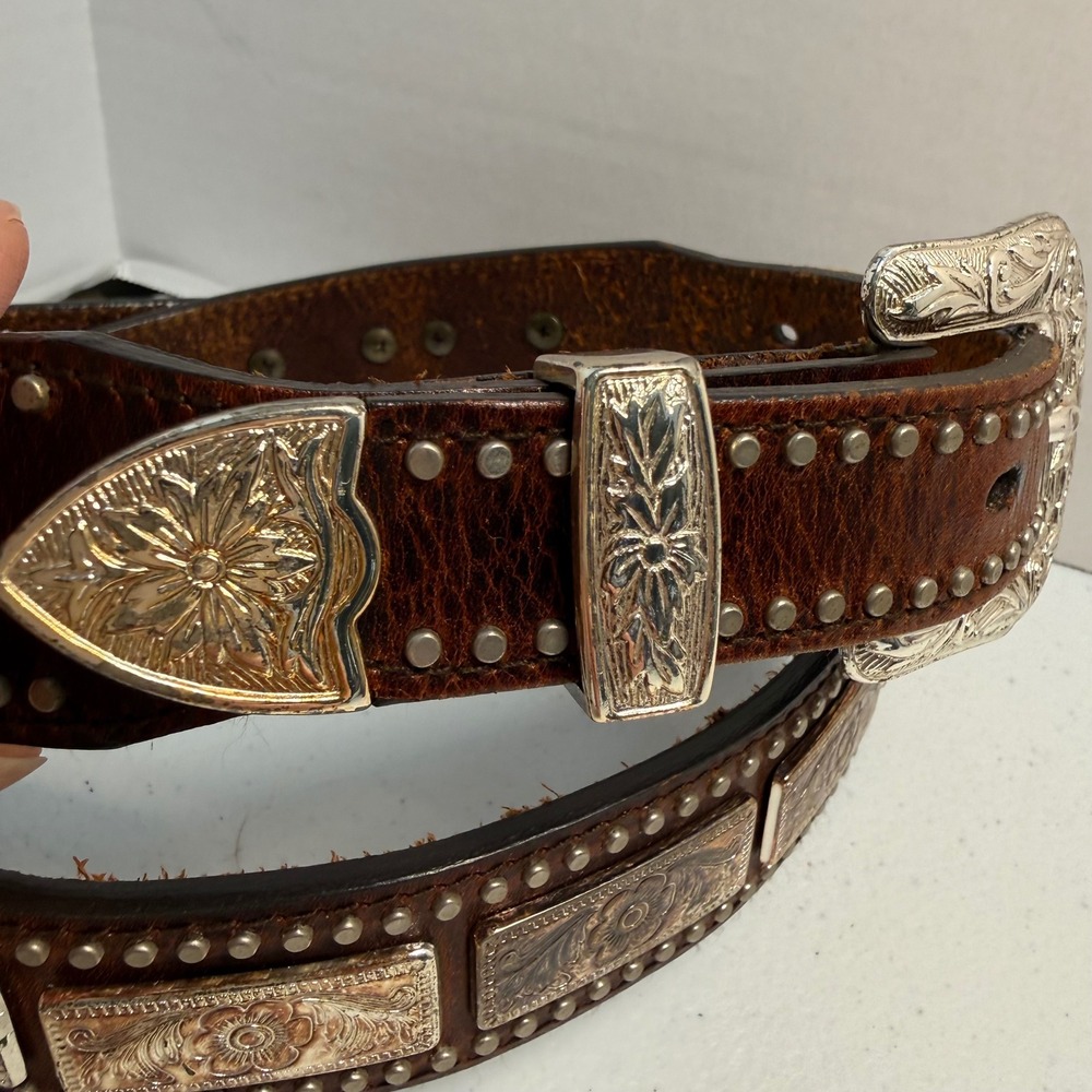 Nocona Belt Co Silver Overlay Conches Floral Embossed Metal Rawhide Belt 42 - Picture 2 of 16